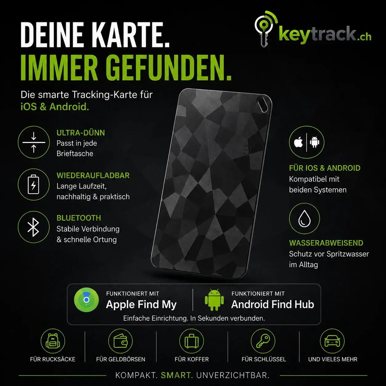 Keytrack One – Ultra-dünn, wiederaufladbar, Bluetooth, iOS & Android