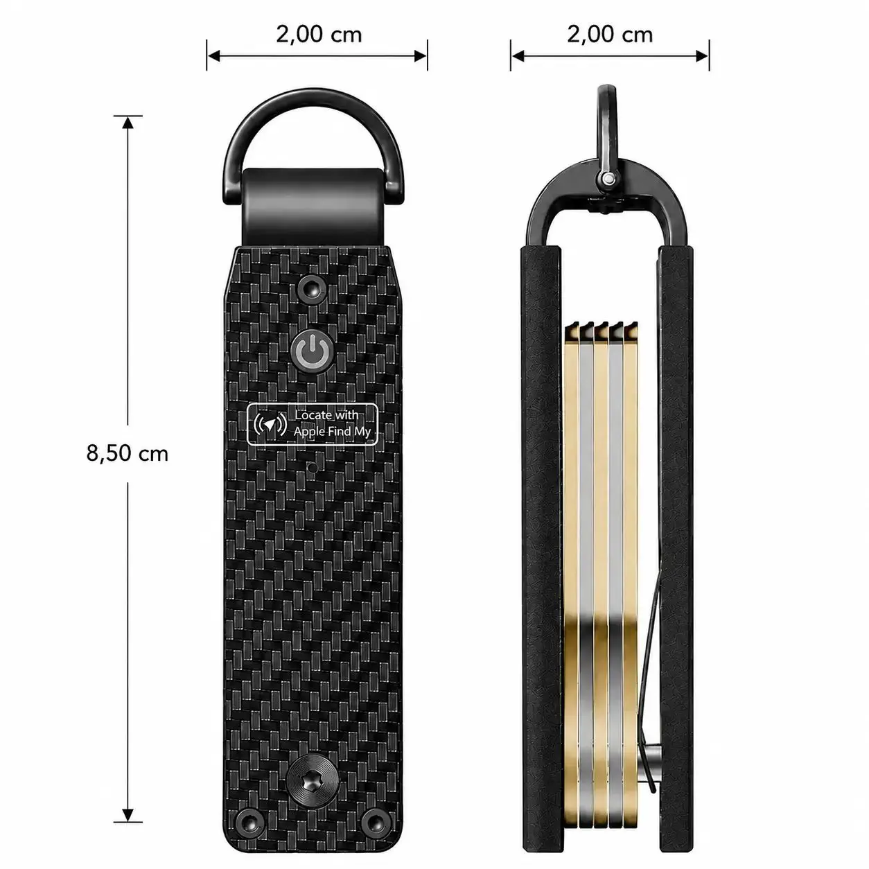 Abmessungen des Schlüssel-Organizers: 8,5 cm hoch, 2 cm breit
